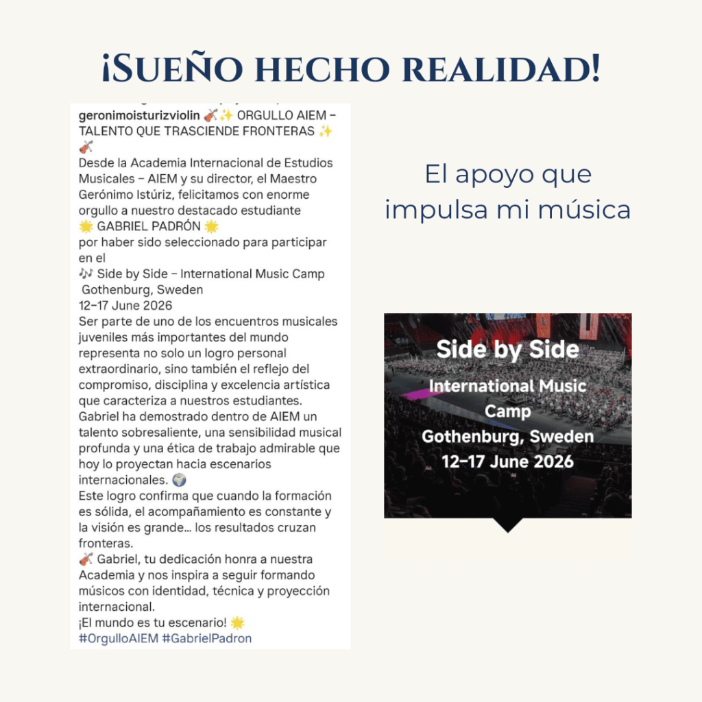 Texto principal: ¡Sueño hecho realidad! Subtexto corto: El apoyo que impulsa mi música Captura de pantalla del texto que escribió el maestro Gerónimo Istúriz