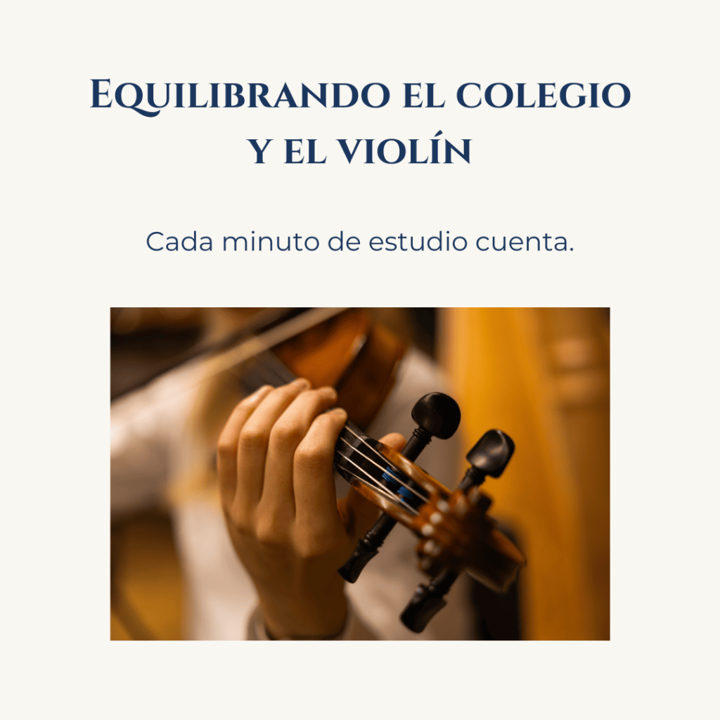 Equilibrando el colegio y el violín y foto de un violìn siendo tocado por un músico a quien no se le ve la cara