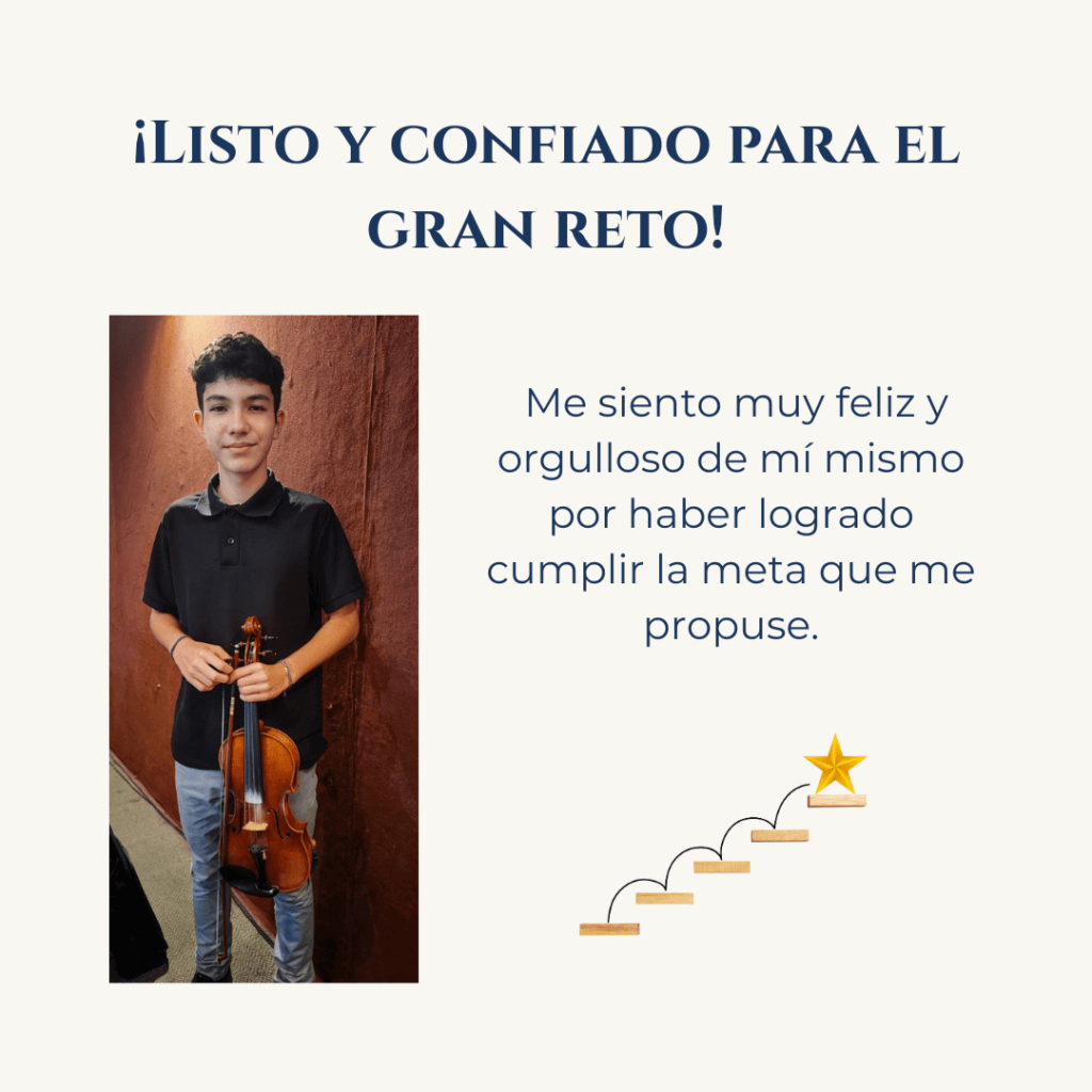 Texto; ¡Listo y confiado para el gran reto! y foto de Gabriel sosteniendo su violín y sonriendo